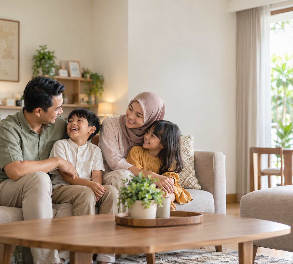 Keluarga berkumpul di ruang tamu dengan koneksi internet Hajinet
